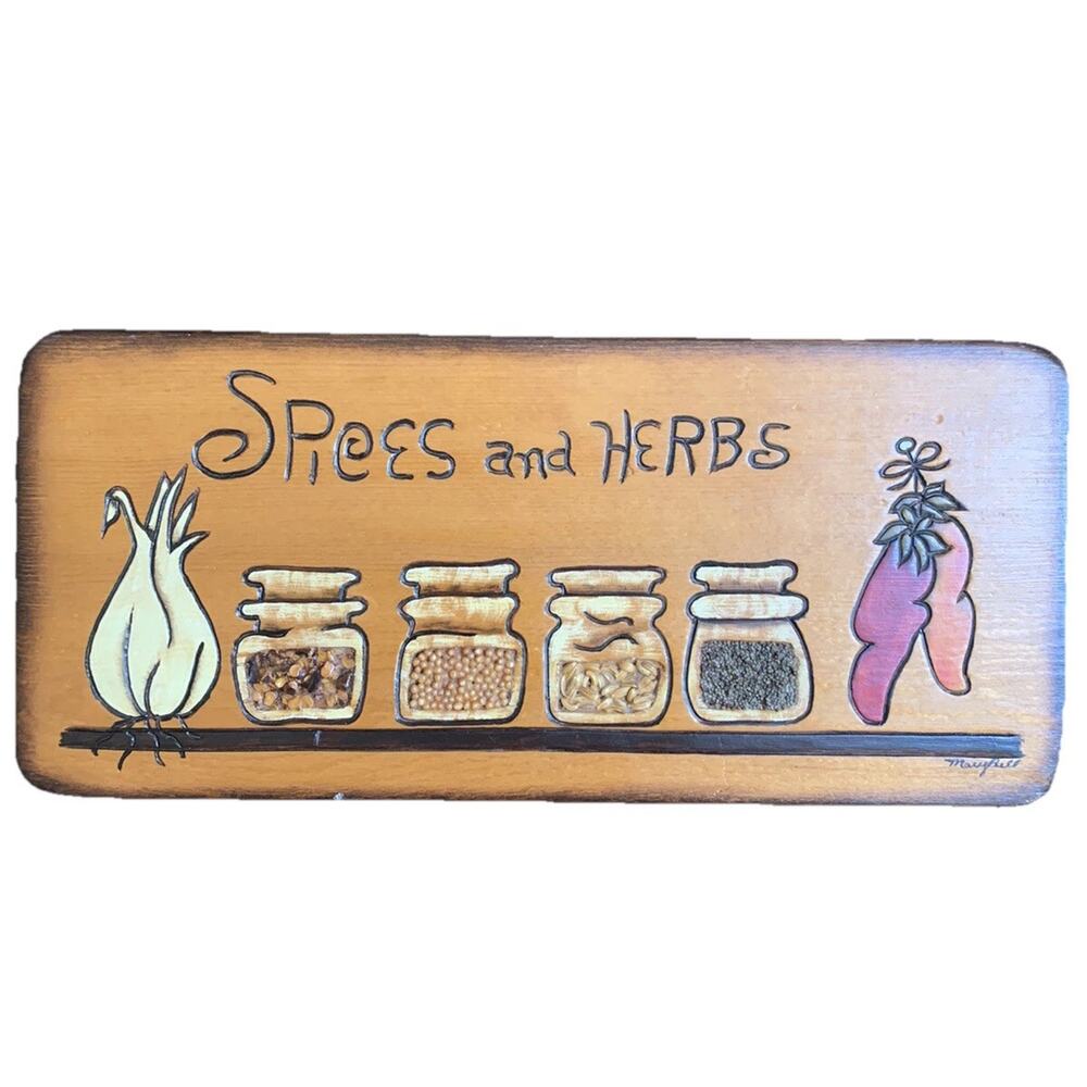 Vintage Hand Crafted Wood Decor Kitchen Spices Burned Wood 1980’s Farmhouse